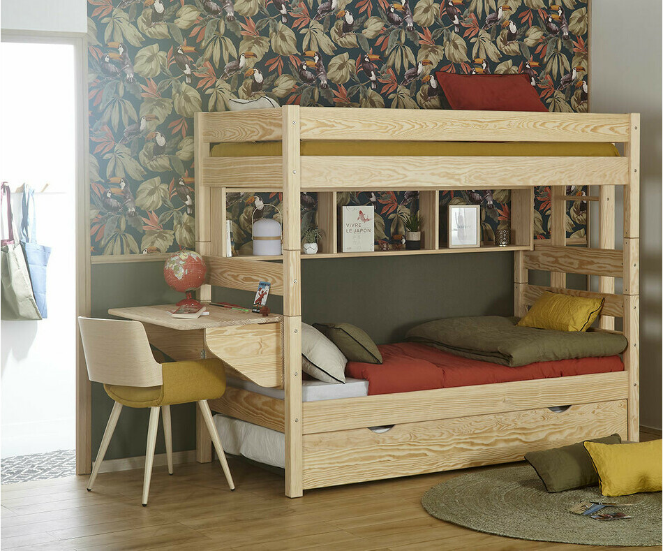 Lit superpos Kids haut ado avec bureau bois naturel