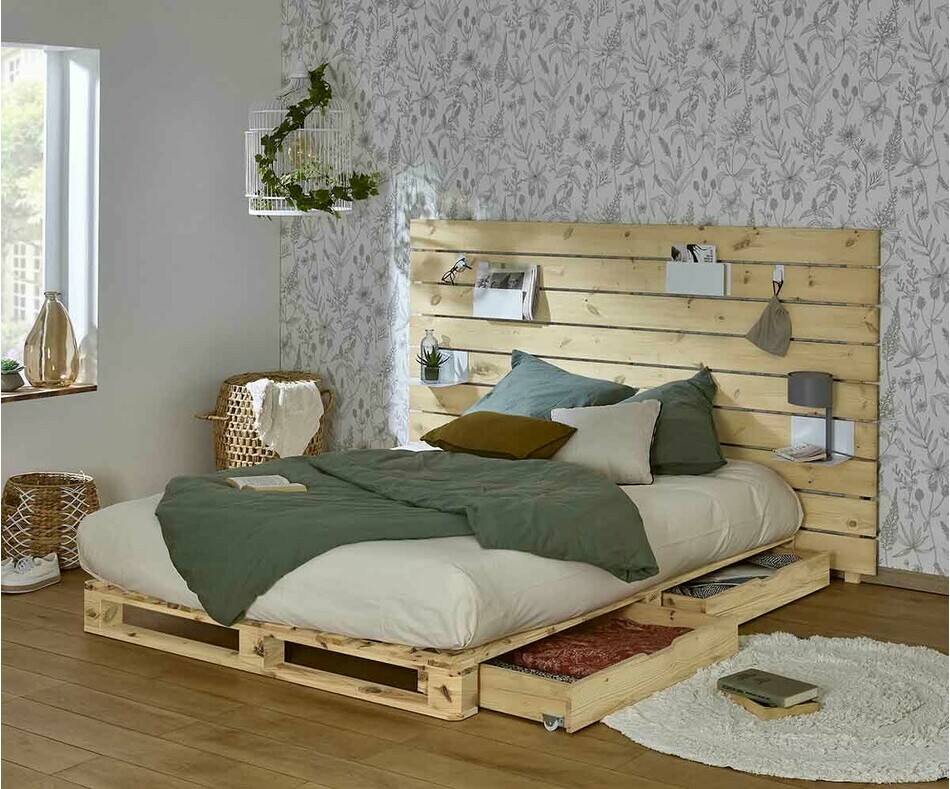 Lit ado avec tête de lit Aro en bois naturel