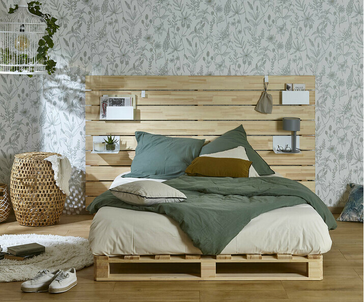 Lit avec tête de lit en bois naturel Aro 