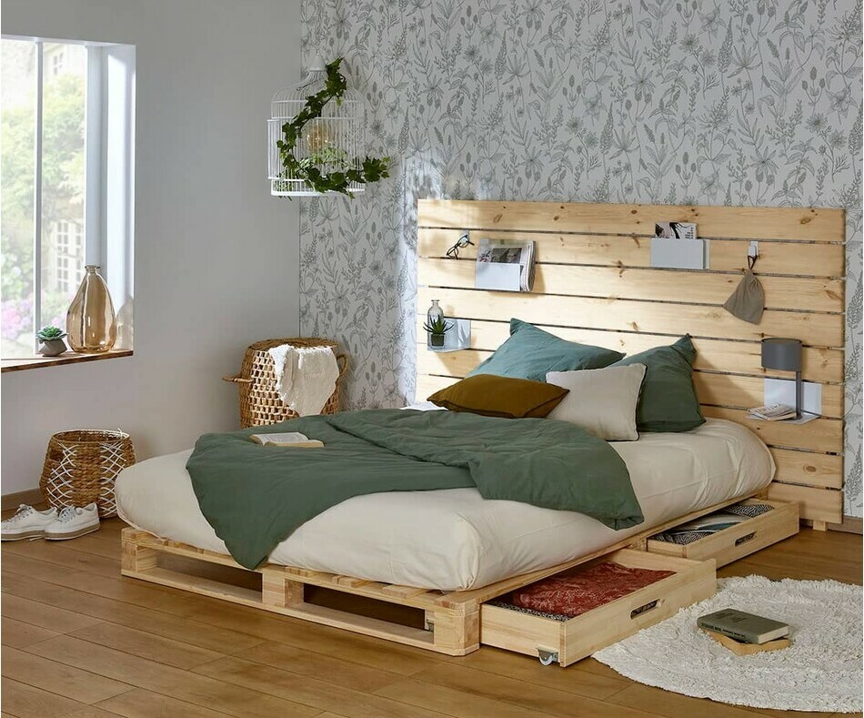 Lit adulte avec tiroirs de rangement et tte de lit 