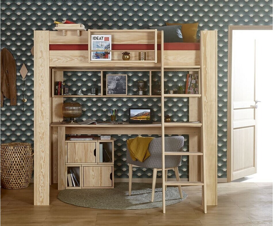 Bureau enfant Rimi bois naturel avec lit mezzanine Naolo