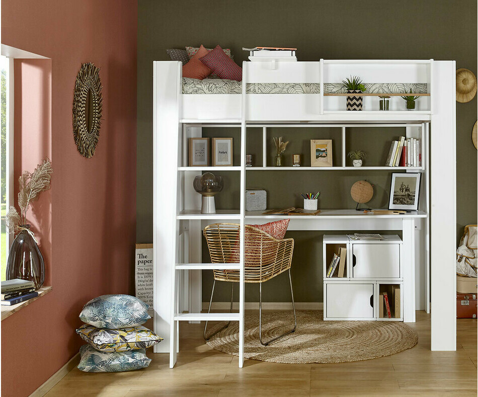 Bureau adulte Rimi blanc avec lit mezzanine Naolo