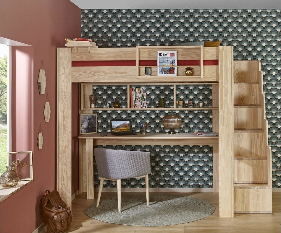 Bureau adulte Rimi bois naturel avec lit mezzanine Naolo