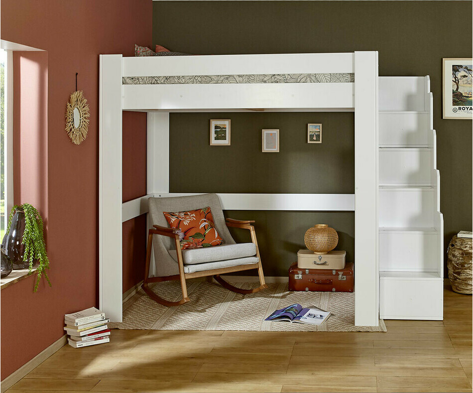 Lit mezzanine escalier enfant Naolo blanc en bois massif 