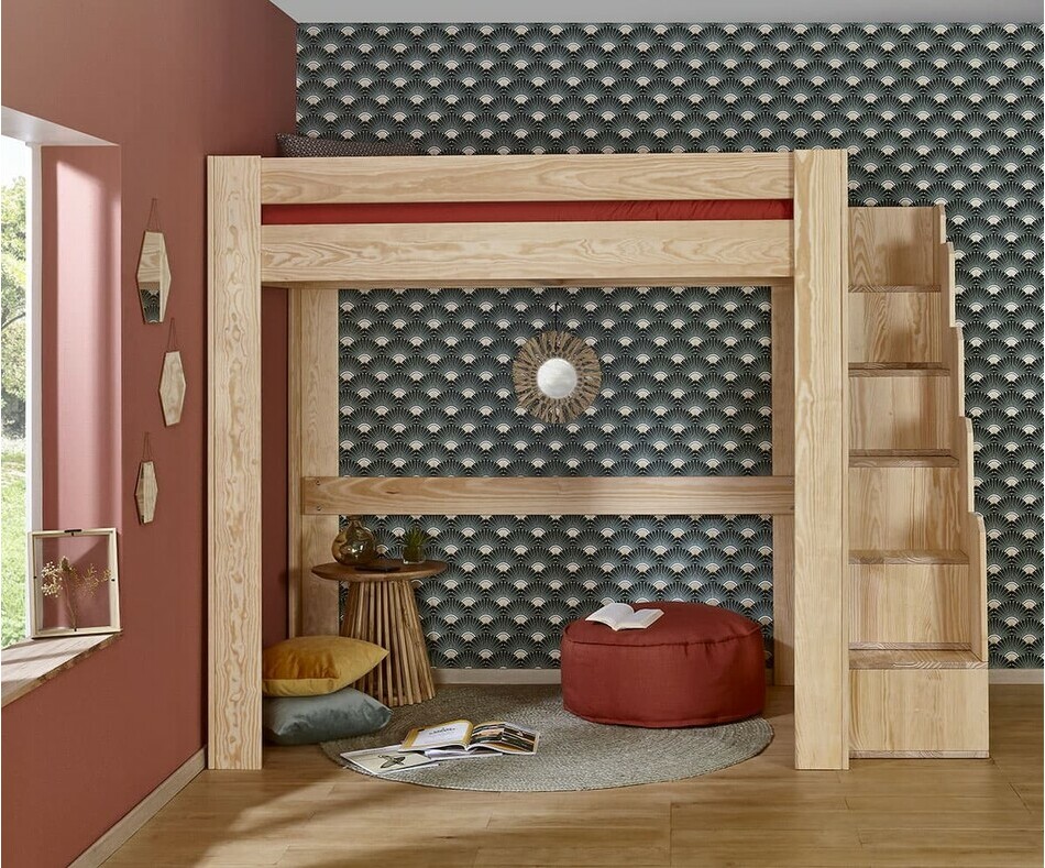 Lit mezzanine enfant Naolo bois naturel avec escalier de rangement Lit mezzanine enfant Naolo bois naturel avec escalier de rangement