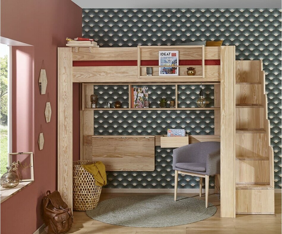 Lit mezzanine enfant Naolo avec escalier. Meubles Gana en option Lit mezzanine enfant Naolo avec escalier. Meubles Gana en option