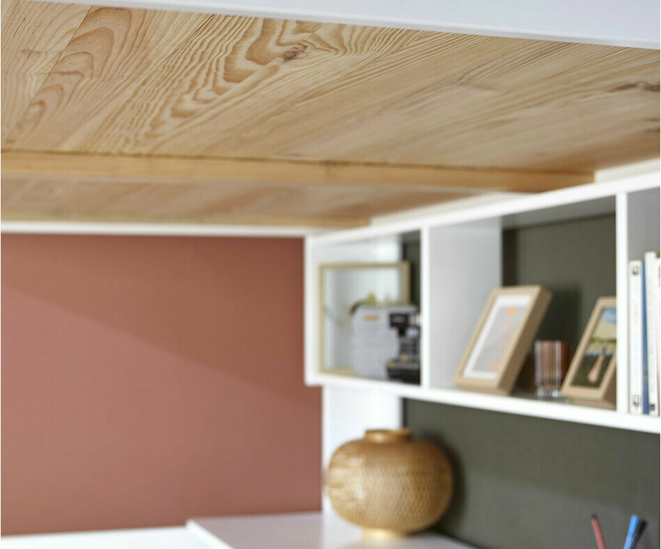 Dtail sommier lit mezzanine ado Naolo bois, plancher parquet maritime. Etagre en option