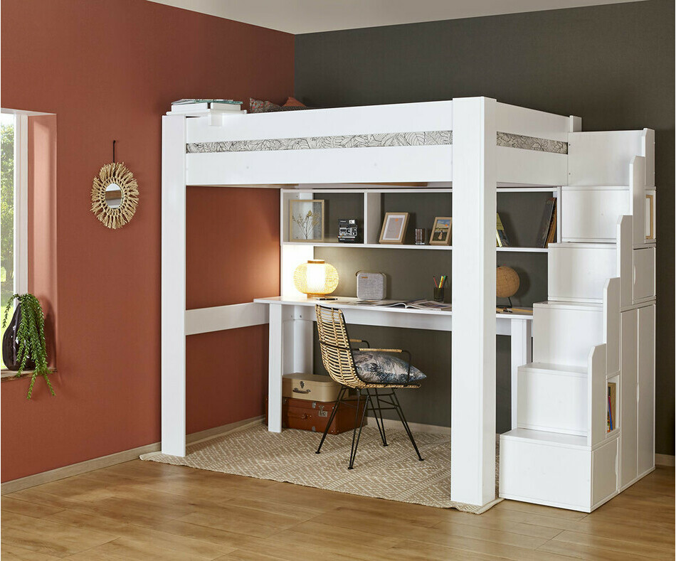 Lit mezzanine enfant Naolo 2 places avec bureau enfant Rimi blanc en option 