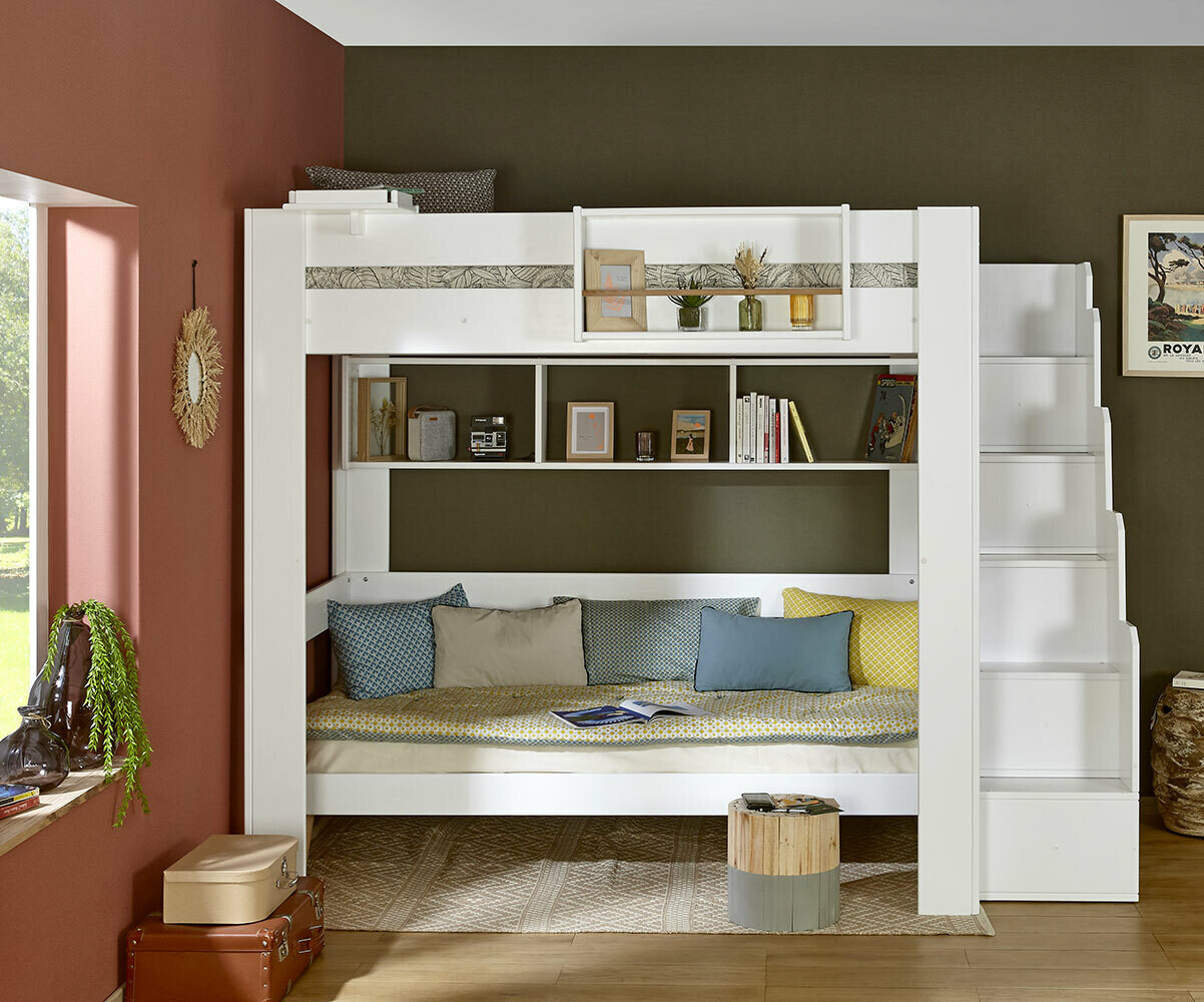Lit Mezzanine Escalier Adulte 2 places avec matelas Naolo. Bois Massif