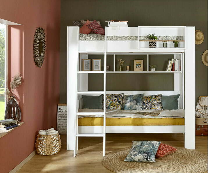 Lit mezzanine avec chelle 2 places enfant Naolo blanc  avec lit banquette en option