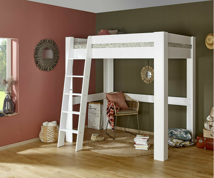 Lit mezzanine 2 places  adulte en bois massif Naolo blanc 