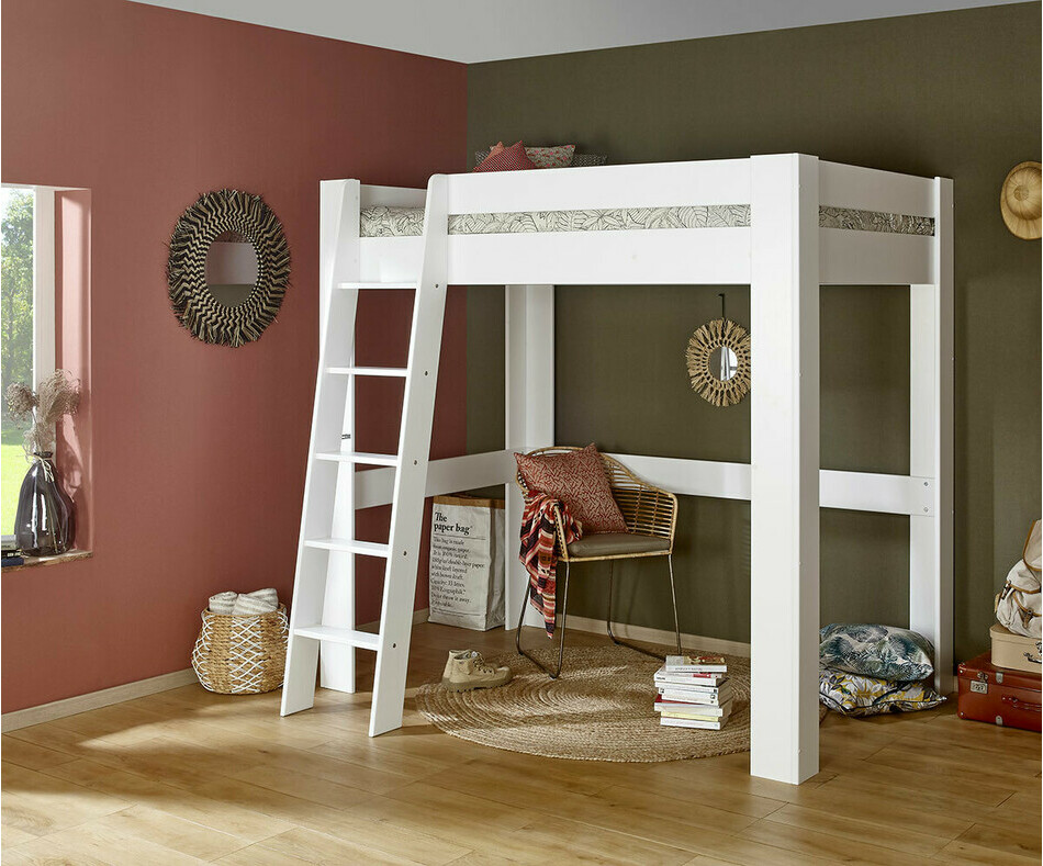 Lit mezzanine 2 places  adulte en bois massif Naolo blanc 