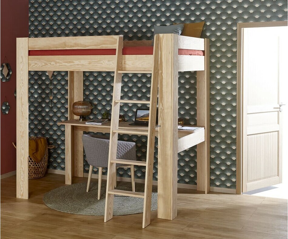 Lit mezzanine 2 places avec échelle enfant Naolo et bureau en option bois naturel + matelas Lit mezzanine 2 places avec échelle enfant Naolo et bureau en option bois naturel + matelas