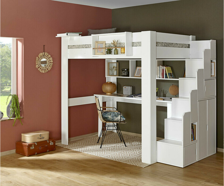 Lit mezzanine Naolo pour ado coloris blanc avec bureau et escalier de rangement