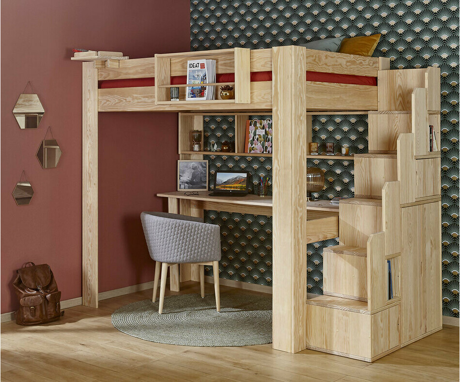 Lit mezzanine bois naturel avec bureau et étagères de rangement en option Lit mezzanine bois naturel avec bureau et étagères de rangement en option