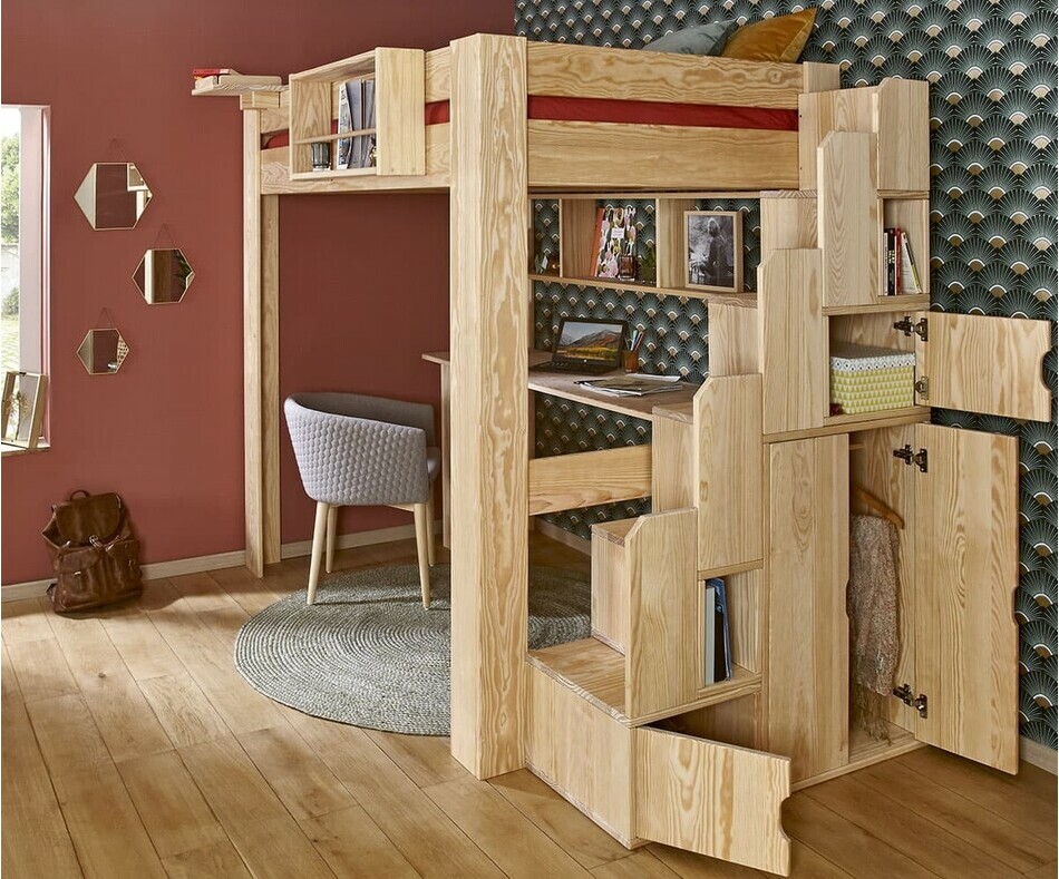 Lit mezzanine bois naturel avec module escalier Lit mezzanine bois naturel avec module escalier