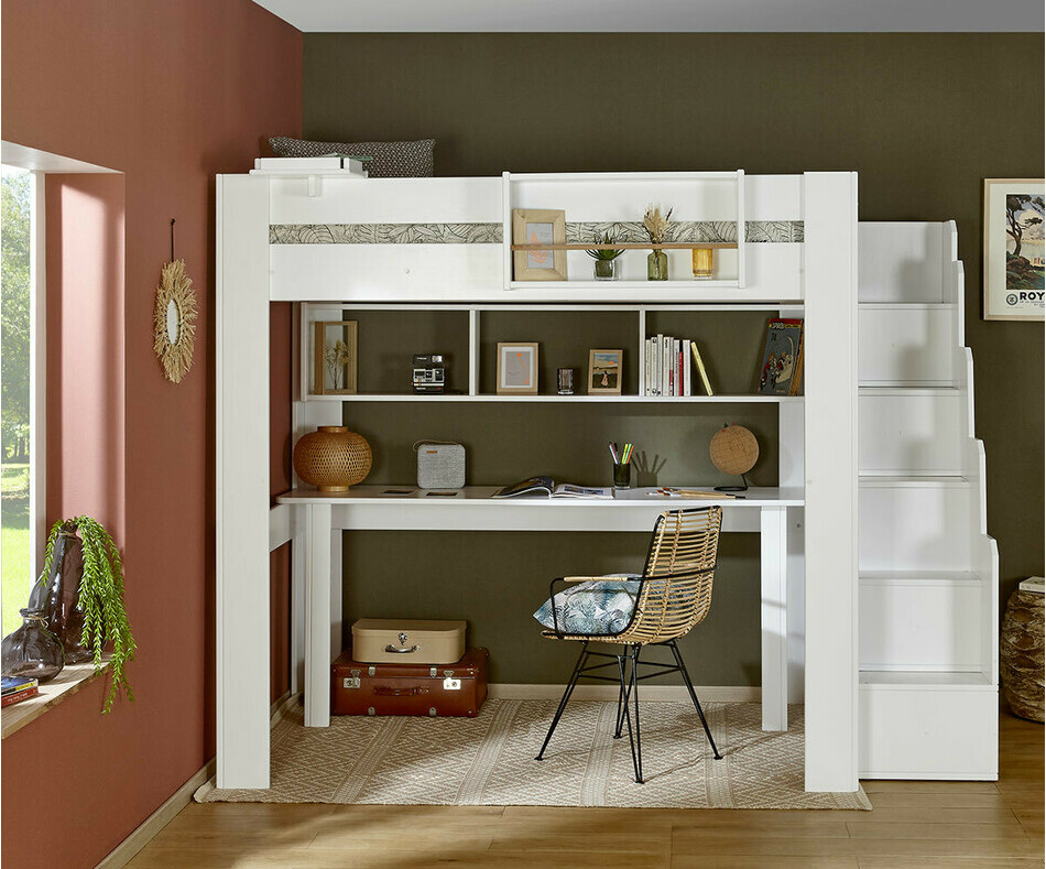 Lit mezzanine blanc avec bureau et étagères de rangement en option