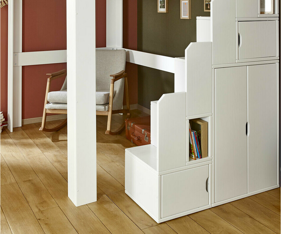 Armoire, niches ouvertes et caissons ferms de l'escalier Naolo blanc 