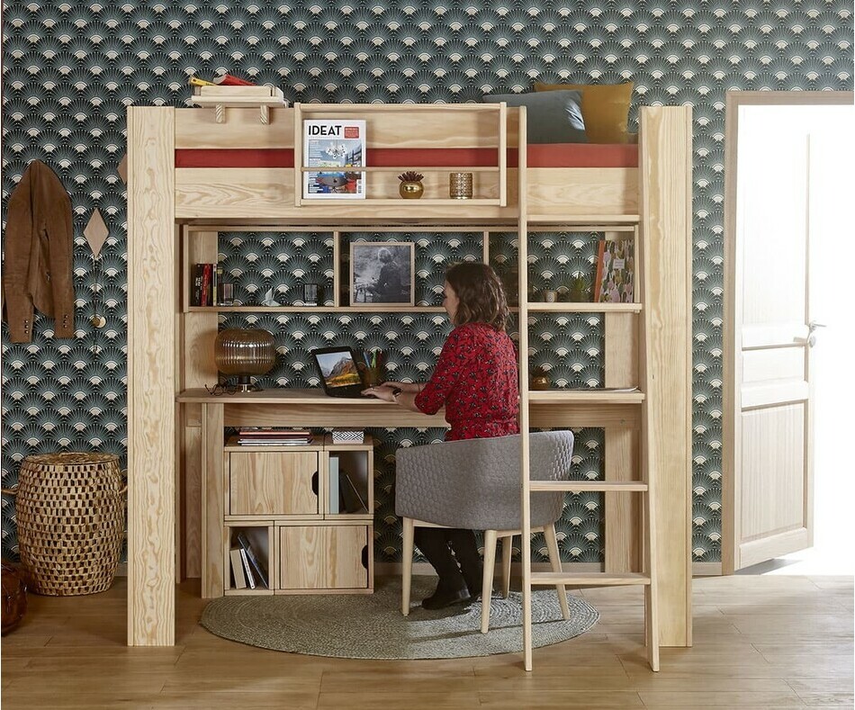 Lit mezzanine enfant avec chelle Naolo bois naturel avec bureau en bois massif 