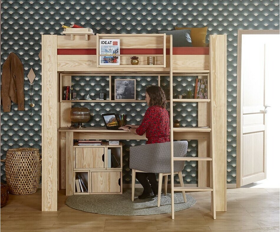 Lit mezzanine adulte avec chelle Naolo bois naturel avec bureau en bois massif 