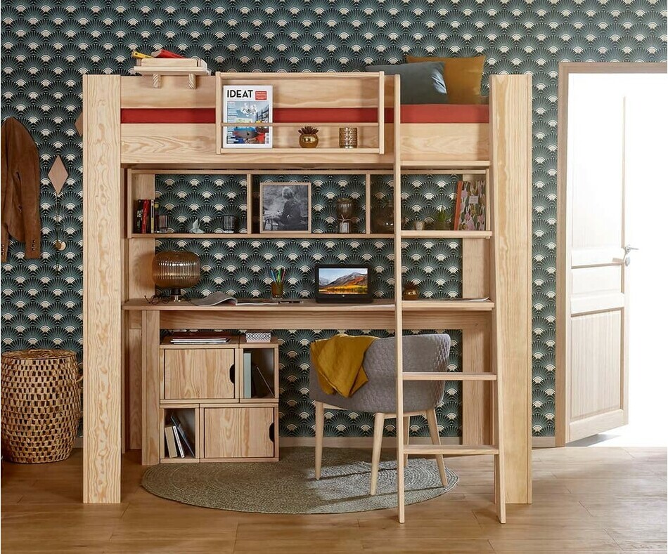 Lit mezzanine ado double avec échelle Naolo bois naturel avec bureau en bois massif Lit mezzanine ado double avec échelle Naolo bois naturel avec bureau en bois massif
