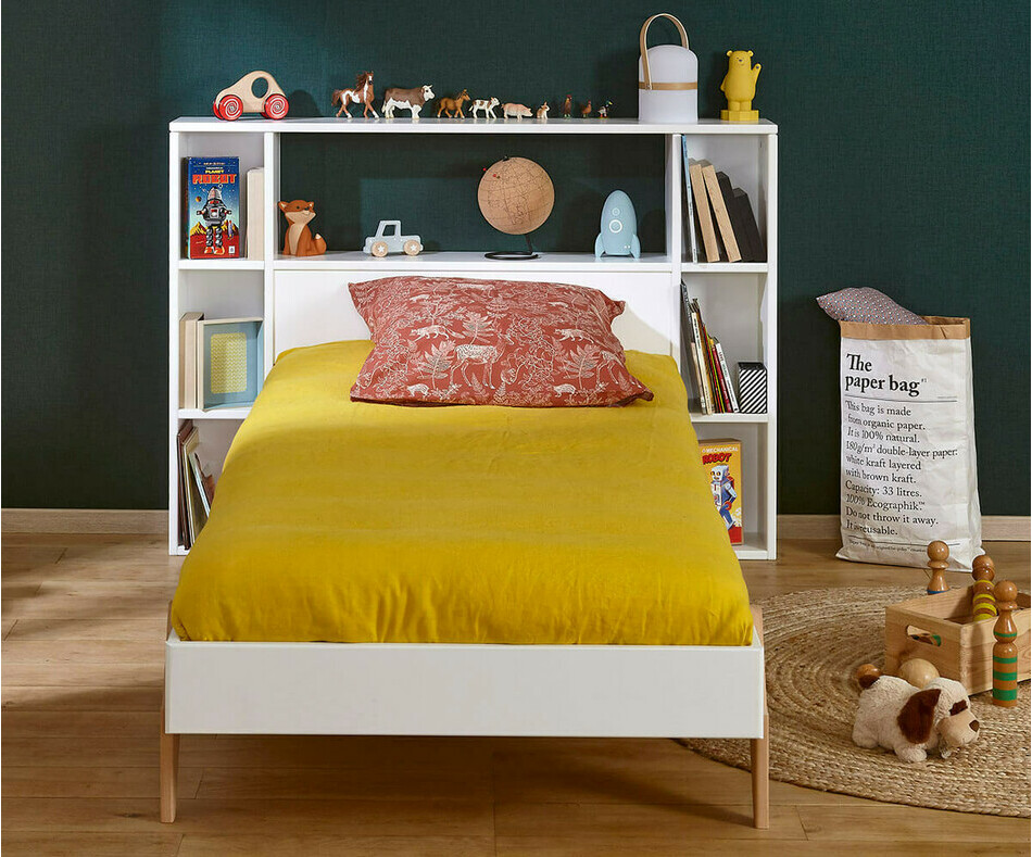 Lit Boho blanc avec tte de lit avec rangements