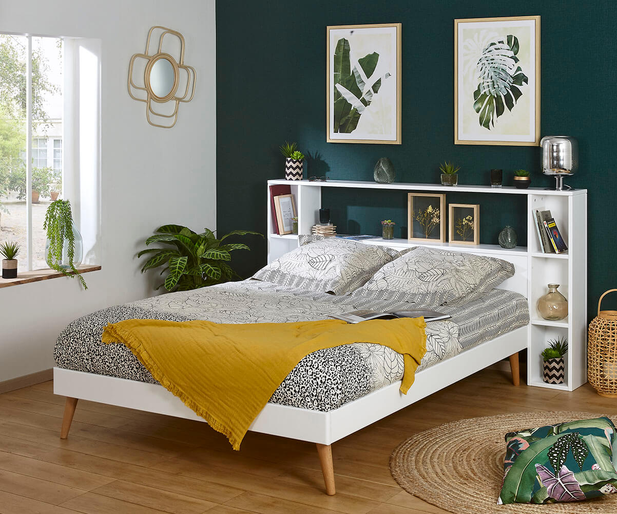 Lit ado Honey avec tête de lit blanche Lit ado Honey avec tête de lit blanche