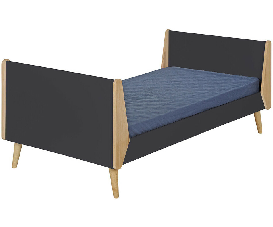 Lit 1 place avec sommier et matelas gris et bois 