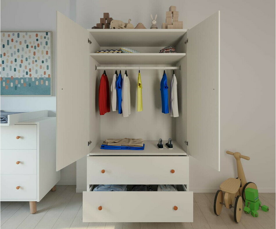 Armoire enfant Alma avec portes et tiroirs ouvertes