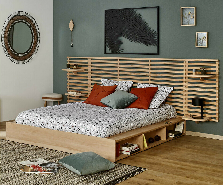 Lit adulte avec grande tte de lit Dune et chevets Elvy en option