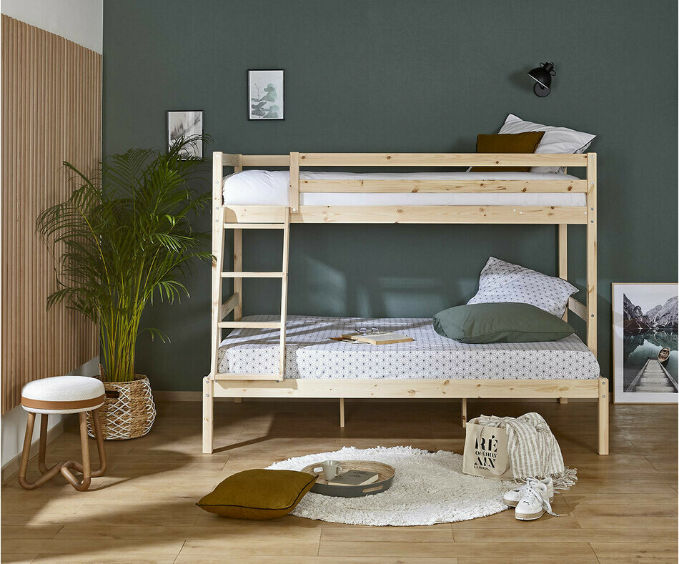 Lit superpos avec matelas adulte bois naturel Elna en bois massif