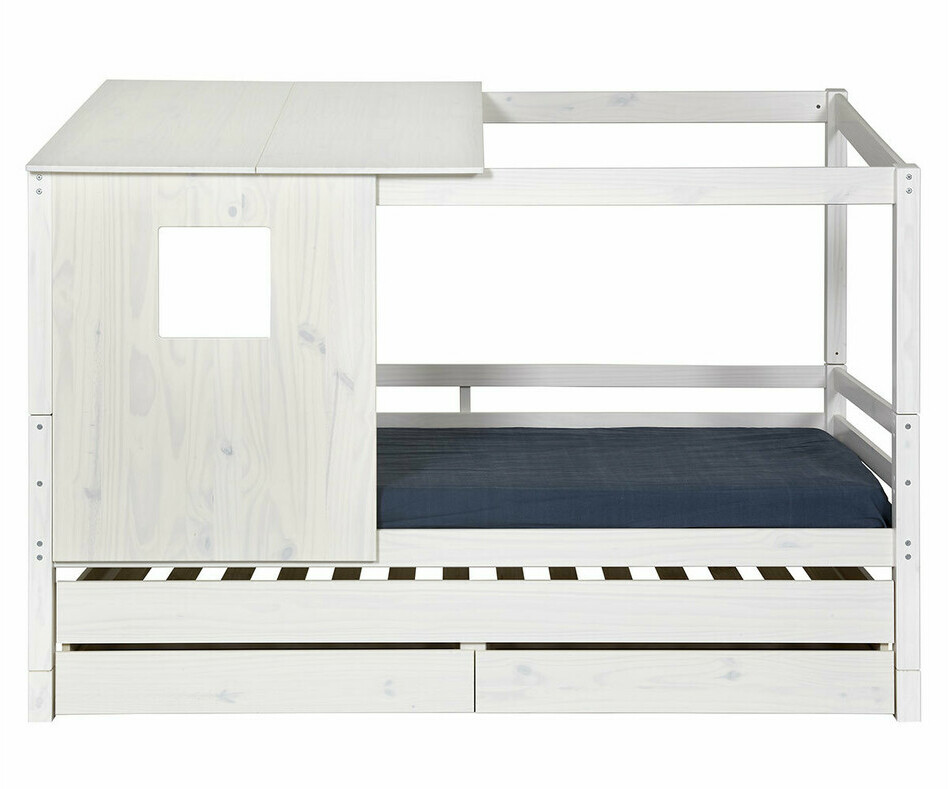Lit gigogne cabane April blanc avec sommier gigogne et tiroirs de rangement  Lit gigogne cabane April blanc avec sommier gigogne et tiroirs de rangement