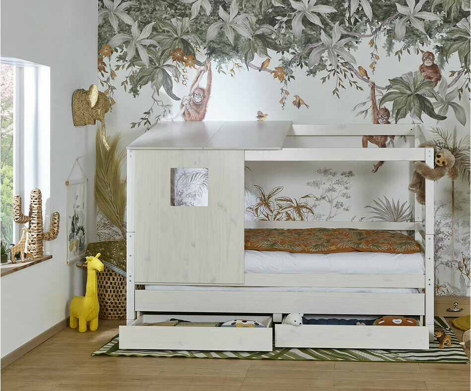 Lit enfant cabane gigogne April blanc avec matelas  et tiroirs de rangement