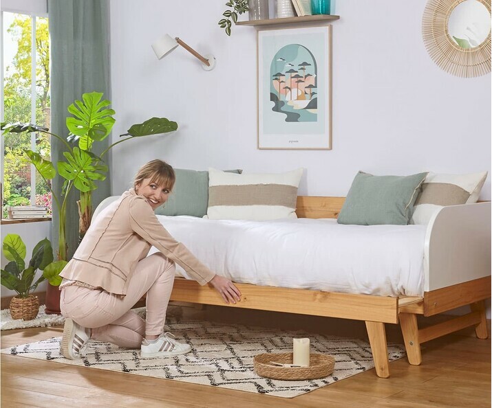 Lit gigogne adulte Samba en bois ouvert avec matelas mousse