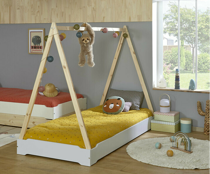 Lit enfant Cabane Happy gris et bois avec matelas