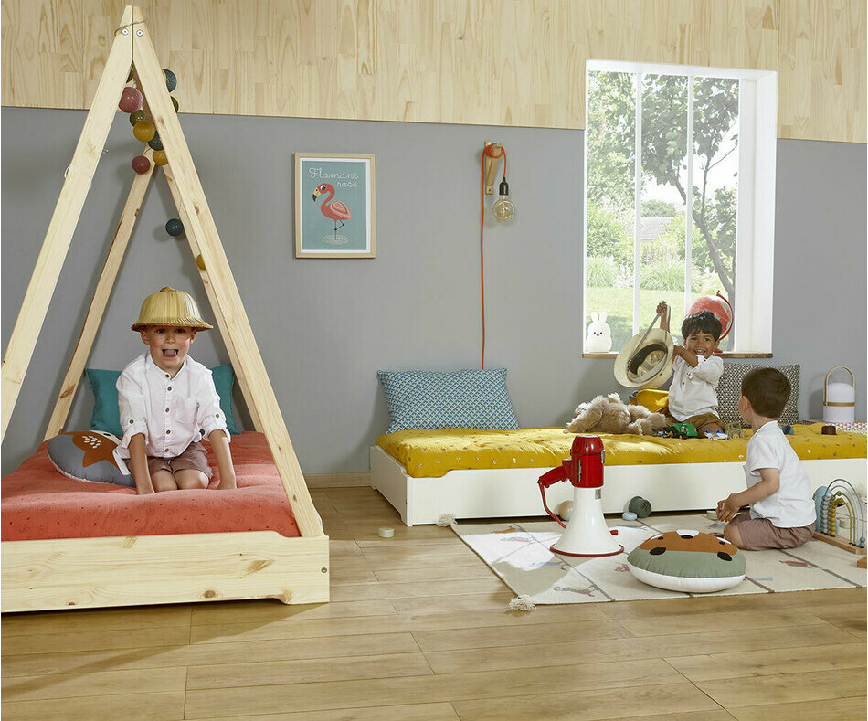 Lit cabane Happy avec matelas avec lit empilable Happy blanc en option 