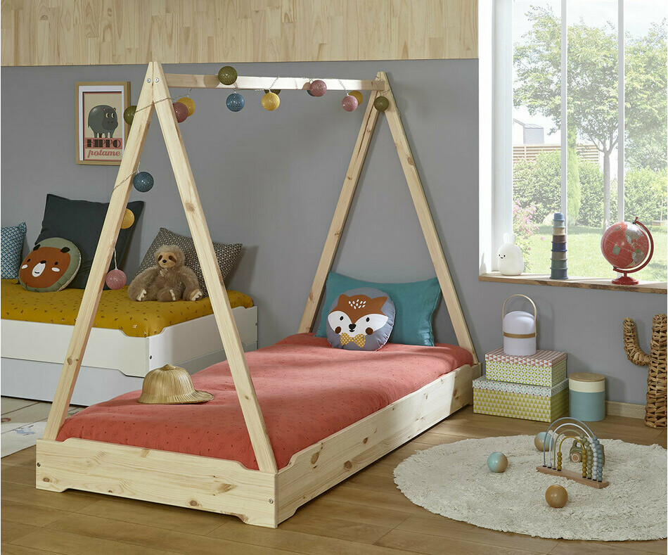 Lit enfant cabane Happy en bois naturel avec matelas