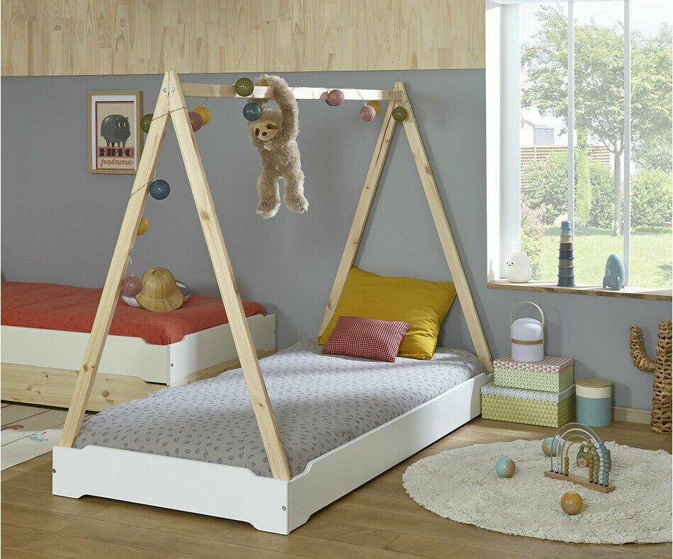 Lit enfant Cabane Happy blanc et bois avec matelas