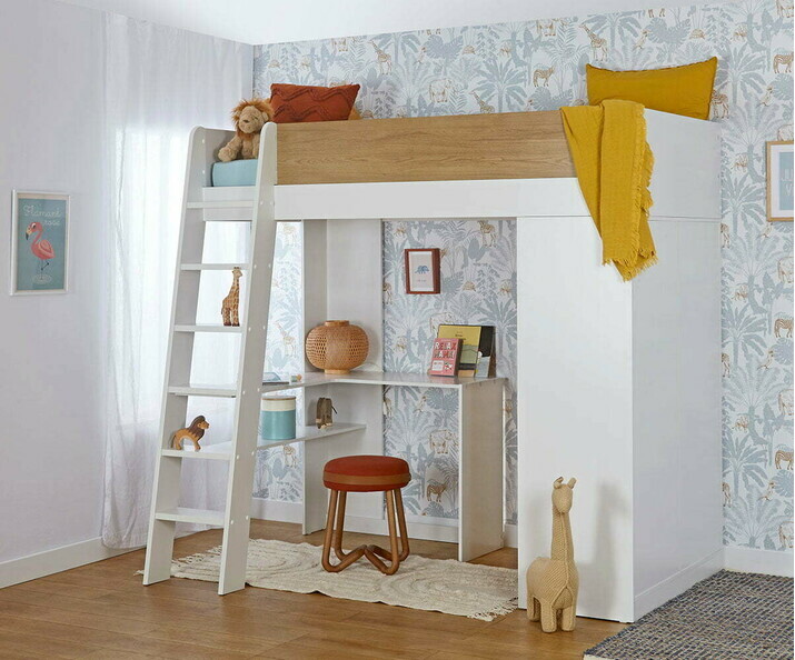 Lit mezzanine enfant Azou avec armoire et bureau