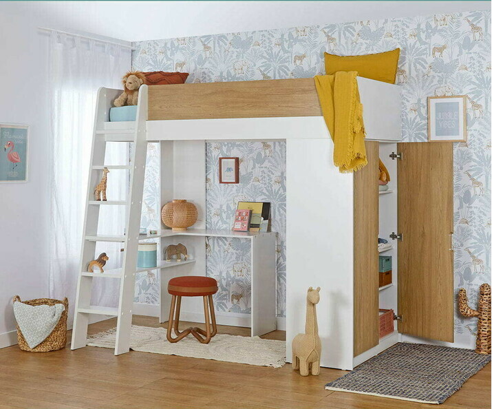 Lit mezzanine enfant Azou avec armoire ouverte et matelas