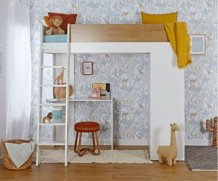 Lit mezzanine enfant Azou blanc et bois avec matelas