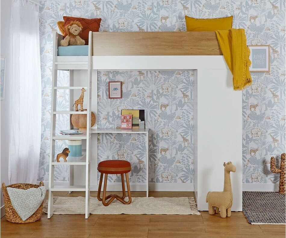 Lit mezzanine enfant Azou blanc et bois avec matelas