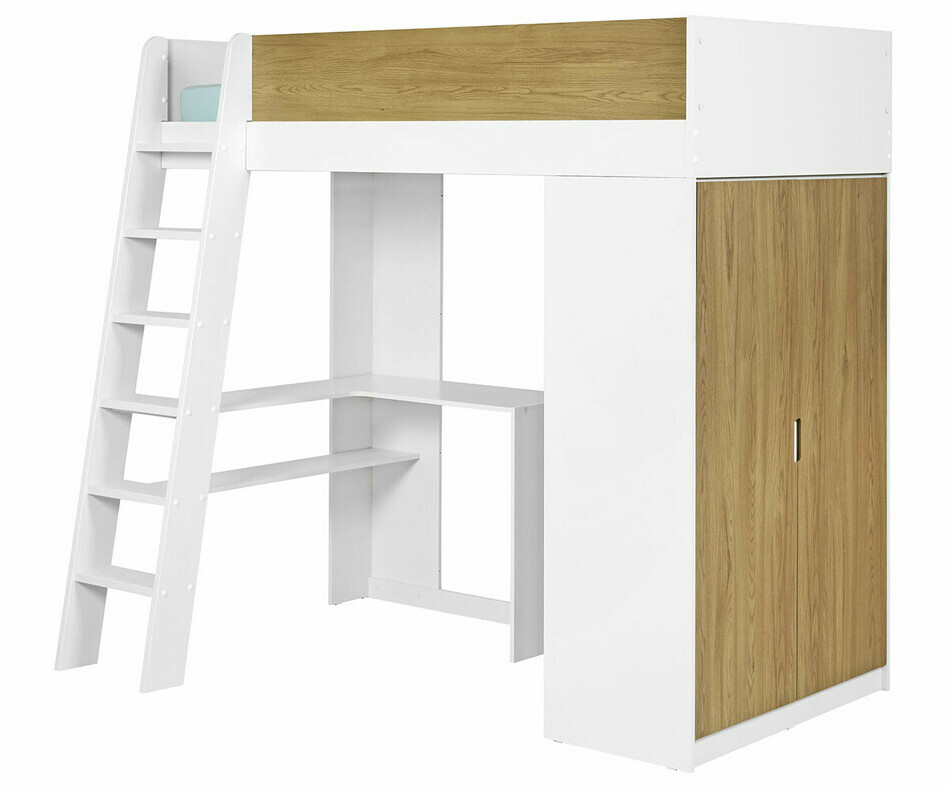 Lit mezzanine ado Azou avec armoire, échelle, bureau et matelas