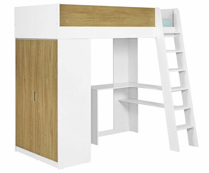 Lit mezzanine ado Azou avec matelas vue de 3/4 armoire extrieure