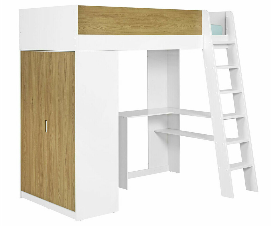 Lit mezzanine ado Azou avec matelas vue de 3/4 armoire extrieure