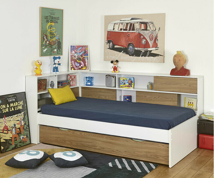 Lit enfant gigogne Mino blanc et bois portes coulissantes avec matelas