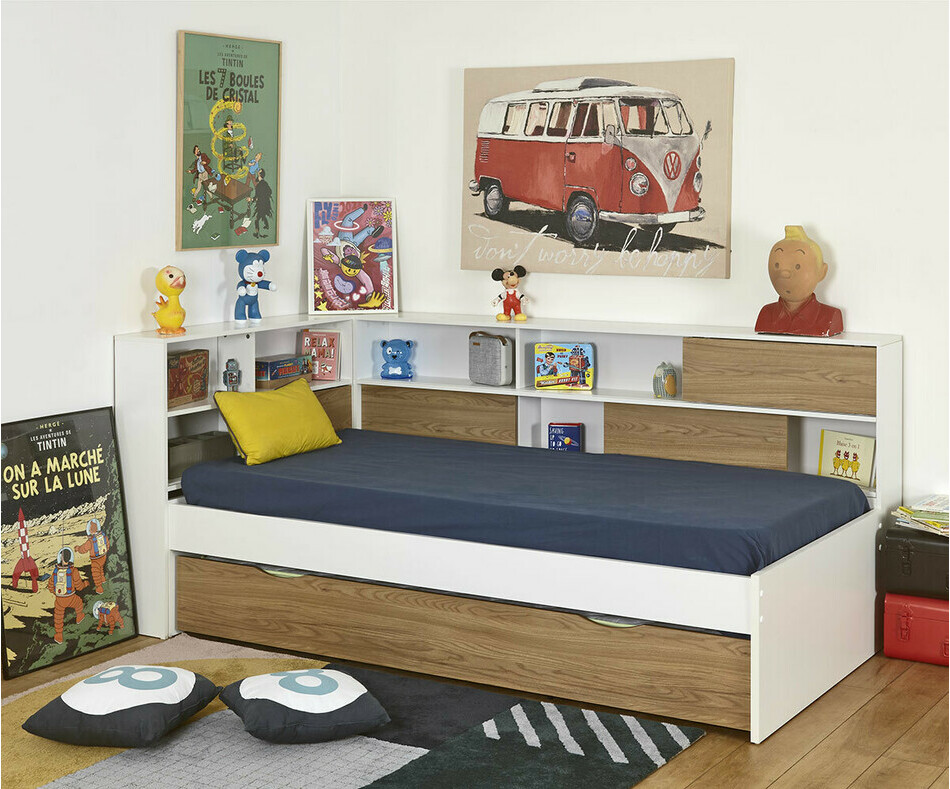 Lit enfant gigogne Mino blanc et bois portes coulissantes avec matelas