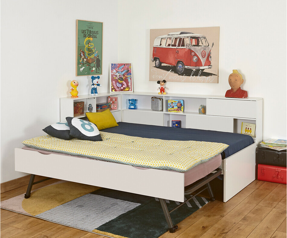 Lit gigogne ado blanc sommier ouvert et 2 matelas