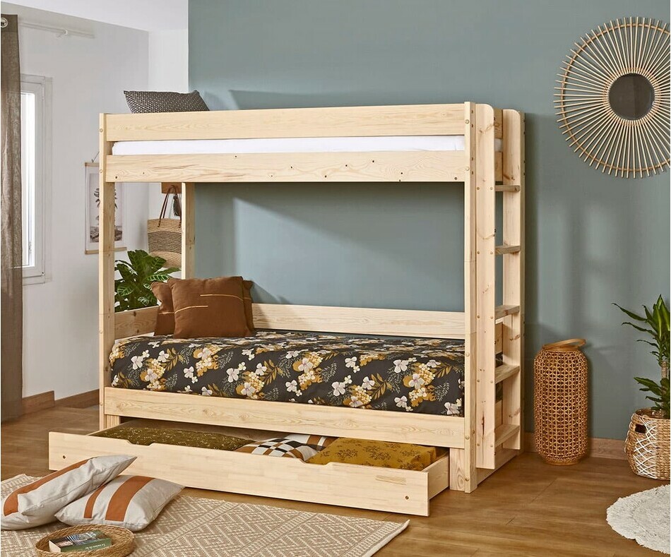 Lit superpos gigogne bois Hikari adulte tiroir ouvert avec matelas