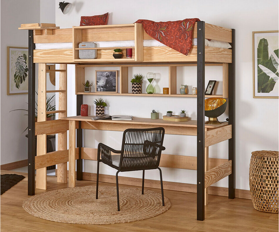 Lit mezzanine adulte Caly bicolore noir et bois (bureau et rangement en option)